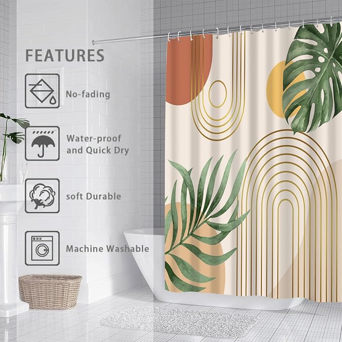 Mid Century Abstract Boho Aesthetic Shower Curtain Set, Green Nature Leaf Sun Modern Minimalist Home Bathroom Curtain Decor with 12 Hooks 72 Inch Wide * 84 Inch High
