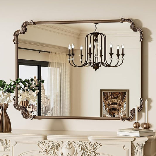 TETOTE Baroque Gold Antique Brass Rectangle Scroll Wall Mirror 40 x 30 Vintage Rounded Corner Framed Baroque French Rectangular Mirror for Mantle Fireplace Bathroom Living Room, Horizontal/Vertical