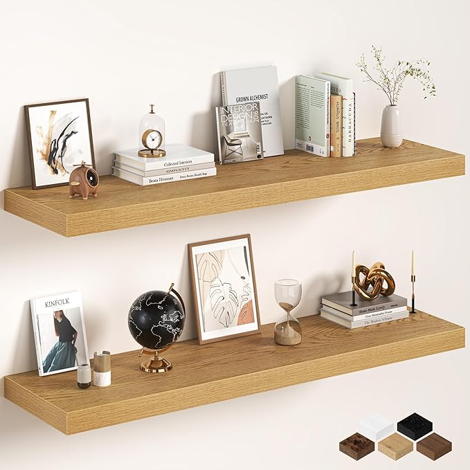 Oak Floating Shelves 48Inch Long, 12 Inch Deep Floating Shelves for Wall, 48 x 12 Large Floating Shelf for Fireplace Mantel, 2" Thicked Rustic Wall Shelves for Living Room, Bedroom Storage, 2 Packs