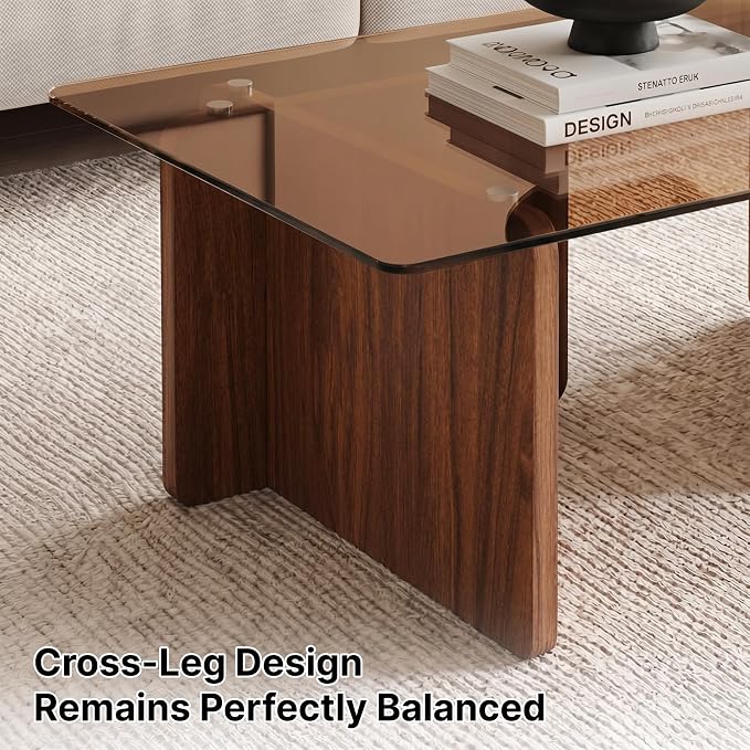 Modern Glass Coffee Table, 39.4 Inches Rectangular Center Tables for Living Room, Coffee Table with Wood Cross Base Easy Assembly Walnut