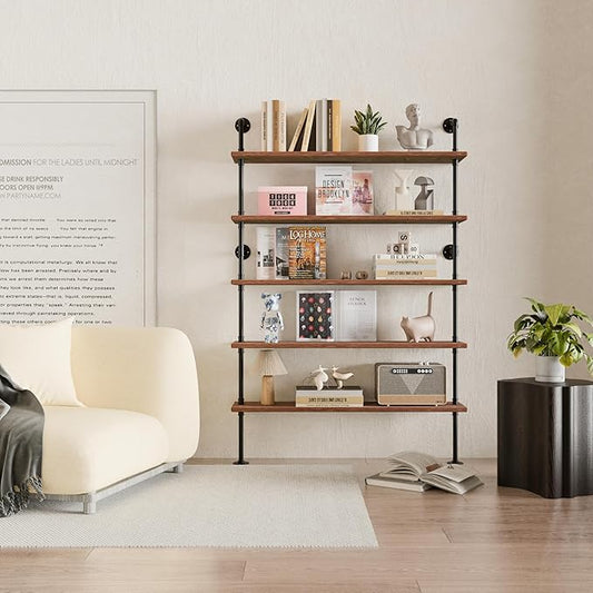 Industrial Ladder Shelves, Wall Mounted Rustic Bookshelf, Retro Wood Metal Pipe Industrial Shelves (Weathered Brown, 5 Tier - 10" D x 48" W x 70" H)