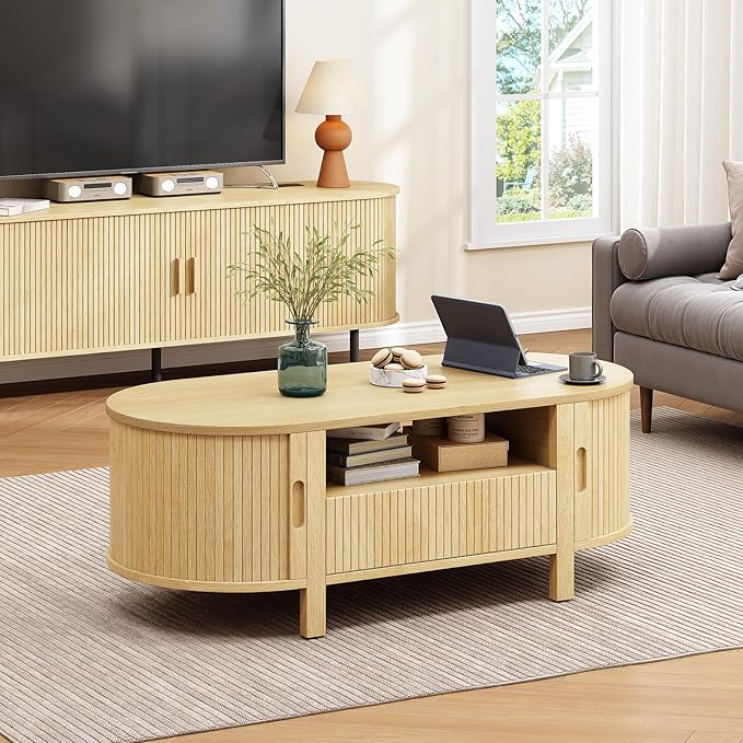 ONBRILL 47.2 Inch Oval Coffee Table with Storage, Mid Century Modern Coffee Table with Drawer, Center Table with Sliding Door and Wood Fluted Handle for Living Room, Oak