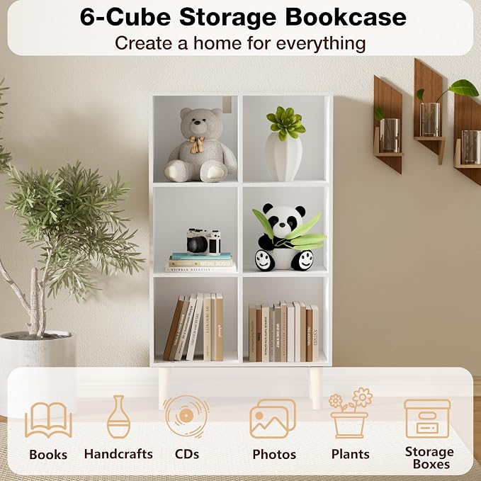 6 Cube Bookcase, Wooden Book Shelf Cube Storage Organizer with Legs, 3 Tier Bookshelf Freestanding Open Shelves for Bedroom, Living Room and Home Office (White, 6 Cube Vertical)