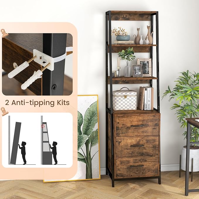 Giantex Ladder Bookshelf with Drawers, 69" Tall Wooden Bookcase with 4 Shelves, Modern Book Shelf Storage Organizer Unit, Freestanding Display Shelving Rack for Living Room, Bedroom (Rustic Brown)