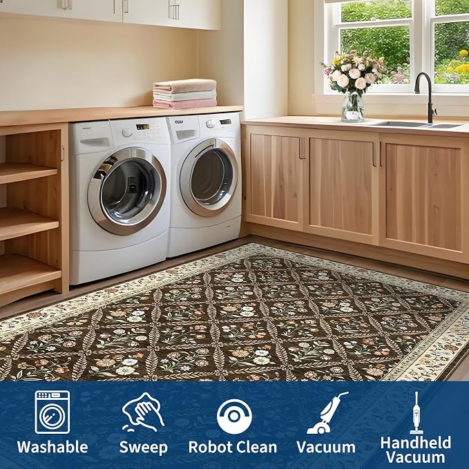 GarveeHome 8x10 Washable Large Living Room Rug Water Resistant Distressed Vintage Floral Non Slip Low Pile Soft Rug for Bedroom Farmhouse Dining Room Kids Playroom Nursery Brown Natural