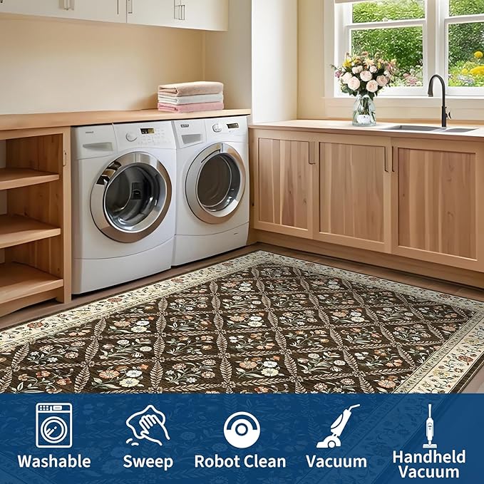 GarveeHome Runner Rug for Hallway Entryway 2.5x8 Farmhouse Floral Non-Slip Machine Washable Kitchen Rug Runner Non-Shedding Low-Pile Soft Long Carpet for Entrance Laundry Room Brown