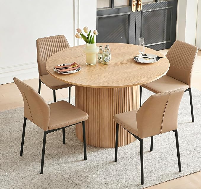 Dining Table Set for 4, 47" Wooden Round Kitchen Table with PU Leather Chairs for Kitchen Room and Small Spaces(Oak Table + 4 Beige Chairs)