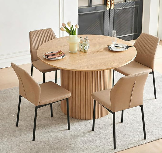 Dining Table Set for 4, 47" Wooden Round Kitchen Table with PU Leather Chairs for Kitchen Room and Small Spaces(Oak Table + 4 Beige Chairs)