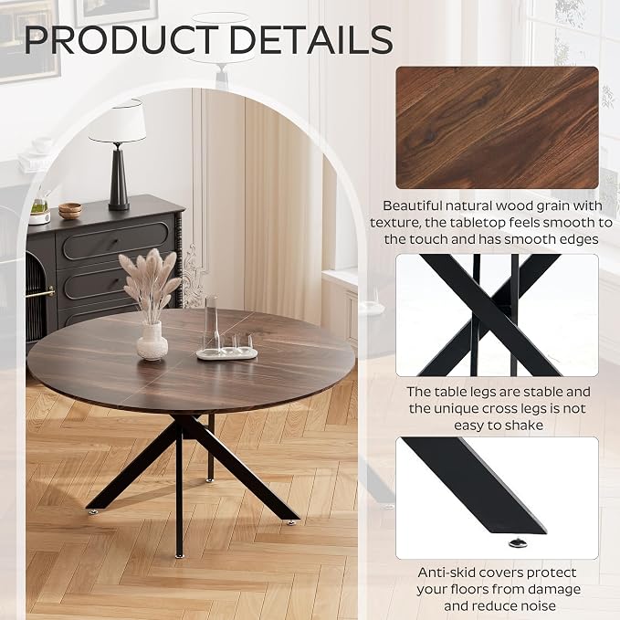 RGZ Mid Century Walnut Round Dining Table Set for 6, 47" Large Wooden Circle Kitchen Table & 6 Black PU Leather Kitchen Chairs, Dinner Table Set for Home, Apartment, Dining Room
