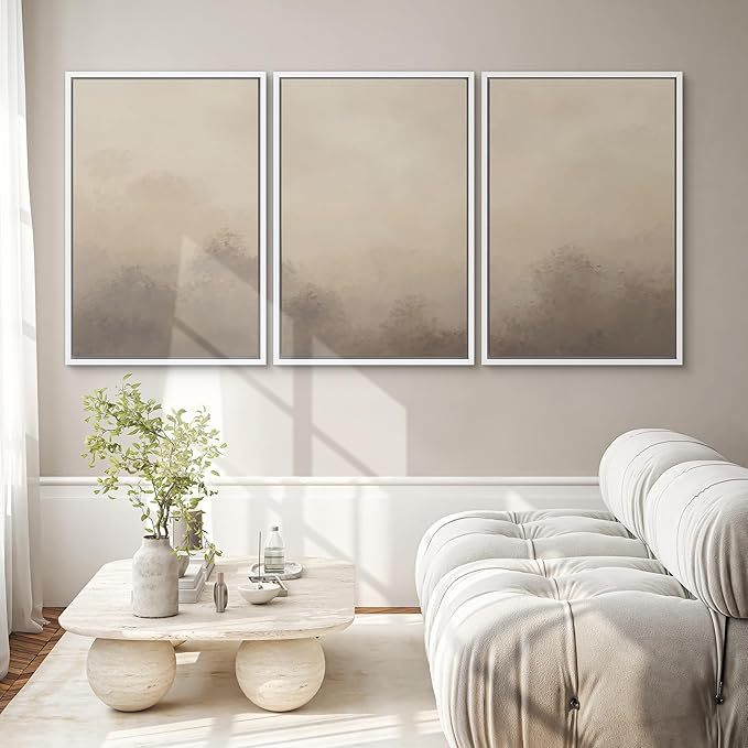 SIGNWIN Framed Canvas Print Wall Art Set Neutral Misty Forest Landscape Earth Tone Illustrations Modern Art Decorative Boho Relax/Zen Nordic for Living Room, Bedroom, Office - 24"x36"x3 White