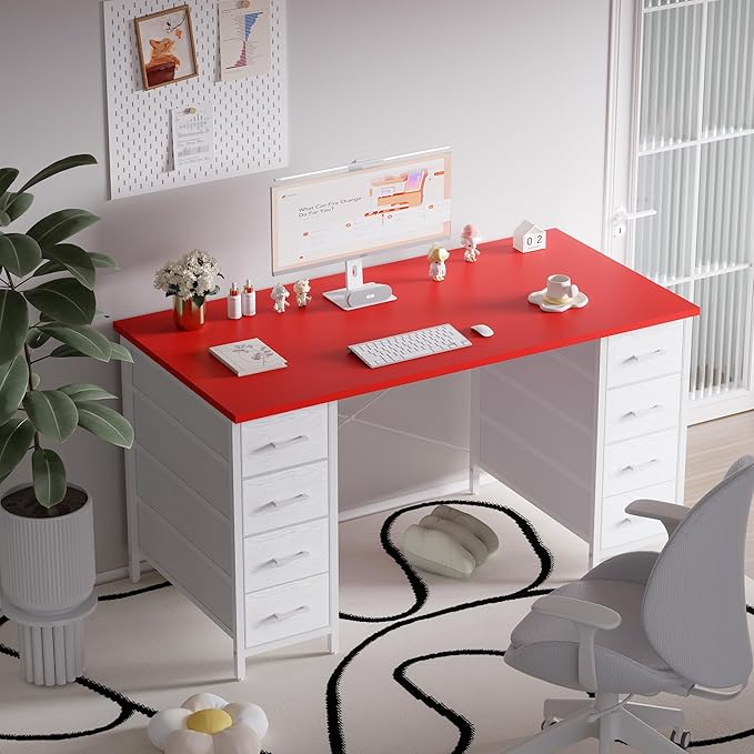 Pamray 47 Inch Computer Desk with 8 Fabric Drawers PC Gaming Desk Home Office Study Work Writing Table for Bedroom Red