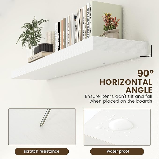 12 Inch Deep Floating Shelves | 55 Inch White Floating Shelves | 55" W x 12" D Rustic Wood Shelves for Wall | Deep White Shelves for Living Room Bathroom Laundry Room Kitchen