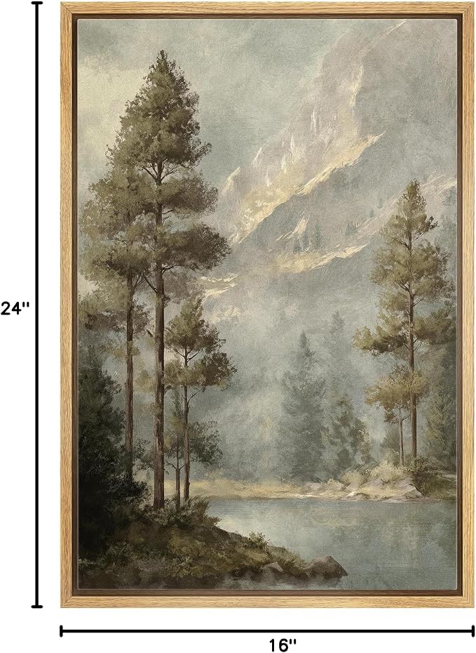 MUDECOR Framed Canvas Print Wall Art Pine Forest and Mountain View Classic Nature Landscape Illustrations Minimalism Decorative Bohemian Zen for Living Room, Bedroom, Office - 16"x24" NATURAL