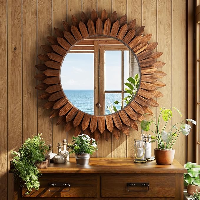 Boho Wood Sunburst Round Wall Mirror, 24 Inch Rustic Circle Wooden Frame Decorative Mirror for Farmhouse Coastal Home, Home Wall Decor for Living Room Entryway Bedroom, Walnut