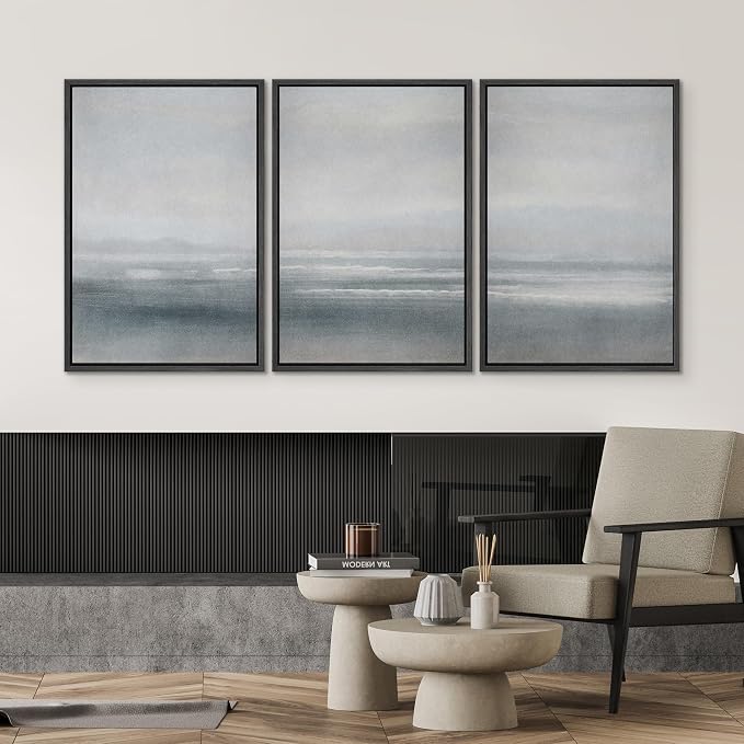 SIGNWIN Framed Canvas Print Wall Art Set Serenity Seascape Soft Blue Ocean Views Modern Art Decorative Rustic Calm/Zen for Living Room, Bedroom, Office - 24"x36"x3 Black