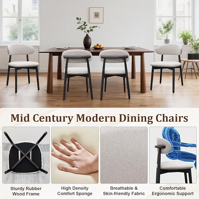 Farmhouse Dining Chairs Set of 8,Mid Century Modern Fabric Upholstered Kitchen Chairs,Wooden Dining Room Chair with Curved Back Black Leg for Kitchen Dining Room Restaurant Cafe,Linen Gray,Only Chairs