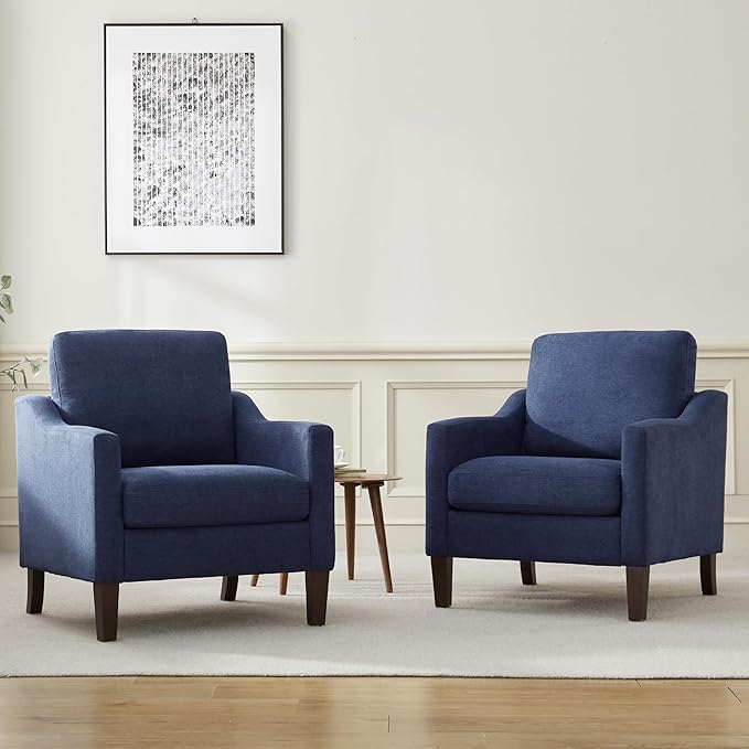 VKNOW Mid Century Modern Accent Chair, Upholstered Living Room Chairs Armchair for Bedroom, Comfy Reading Accent Chairs with Wood Legs for Living Room (2, Navy Blue)