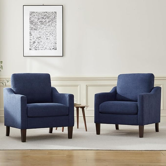 VKNOW Mid Century Modern Accent Chair, Upholstered Living Room Chairs Armchair for Bedroom, Comfy Reading Accent Chairs with Wood Legs for Living Room (2, Navy Blue)