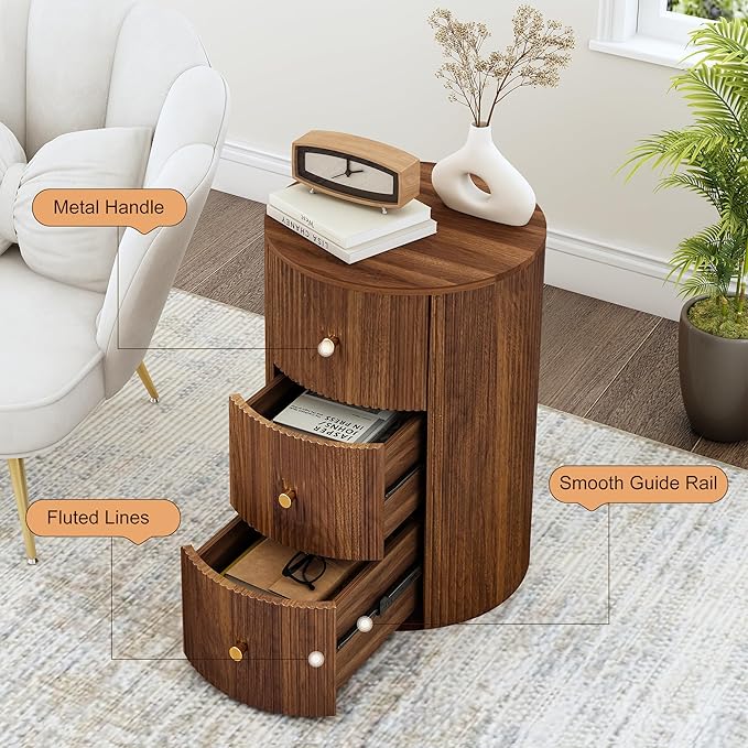Fully Assembled Round End Table with 3 Storage Drawers, 15.75”Mid Century Side Table for Living Room, 3 Drawers Nightstand for Bedroom, Circle Sofa Bedside Table (Walnut-1 pc)