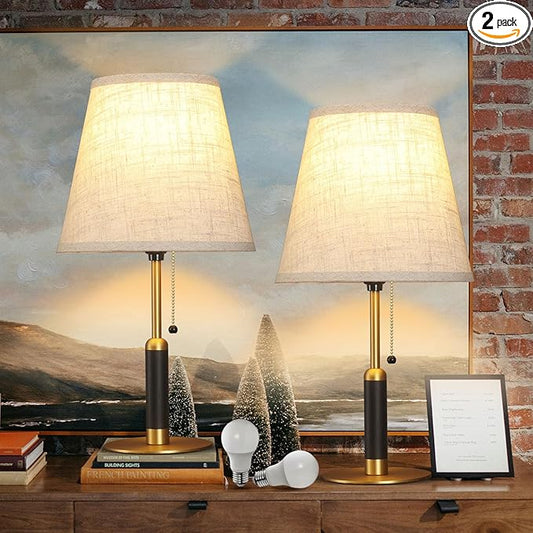 18.9" Set 2 Modern Mid Century Table Lamp Pull Chain Bedside Lamps for Nightstand Lamp for Bedroom Living Room Light, Solid Wood/Metal/Fabric for Home Office Dorm Decor (Light Brown+Brass)