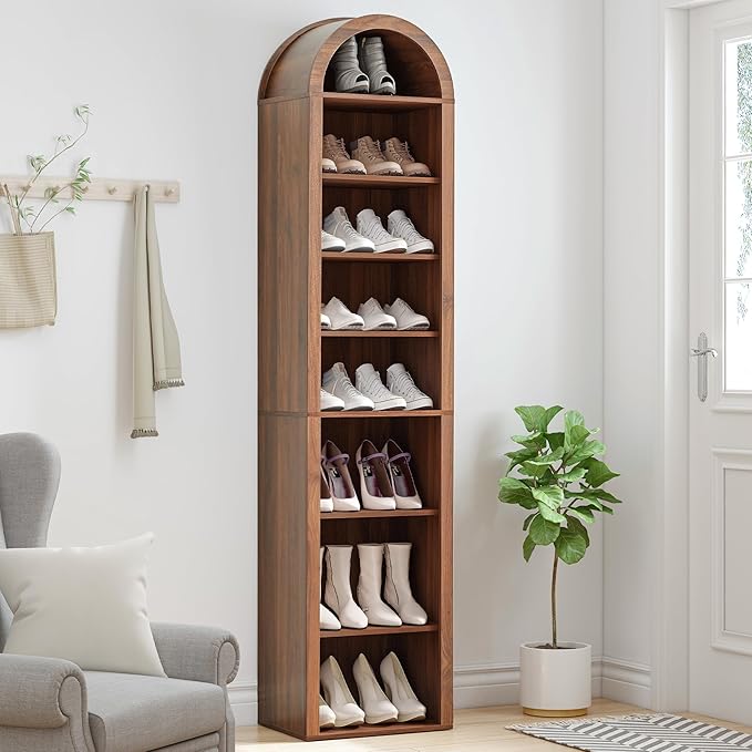 Tall Narrow Arched Bookshelf, 8-Tier Skinny Arch Bookcase for Small Space, Freestanding Storage Organizer with Adjustable Shelves, Open Display Shelves for Living Room, Entryway (Walnut)