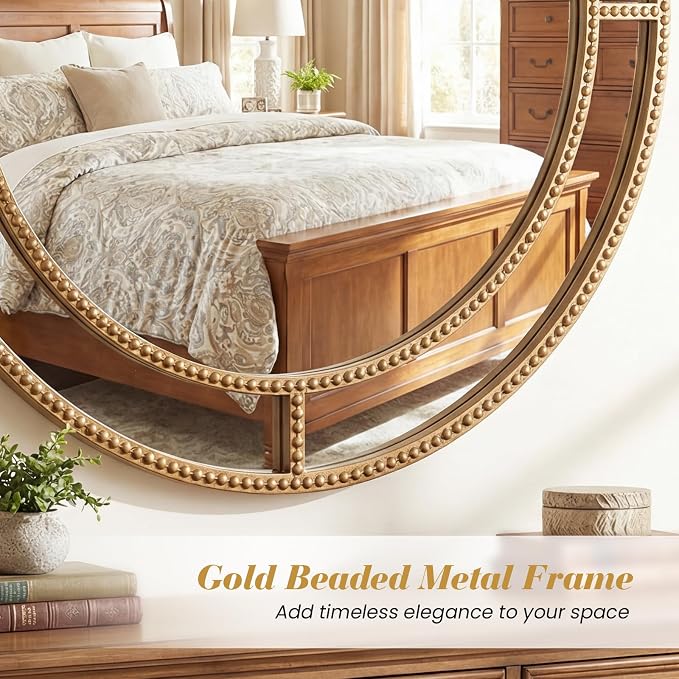 Tangkula 28" Gold Round Wall Mirror, Circle Decorative Modern with Beaded Frame for Living Room, Entryway, Fireplace, Bedroom, Vintage Mirror Wall Decoration