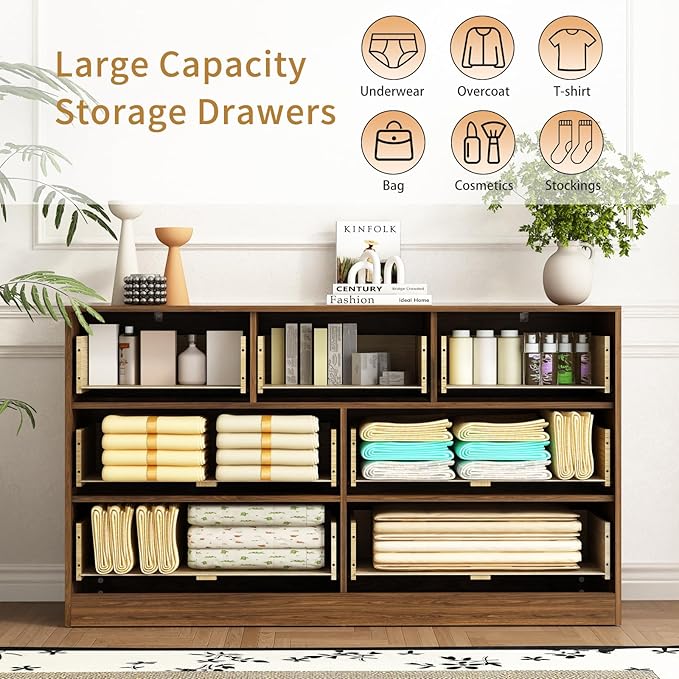 7 Drawers Dresser for Bedroom，55" Wide Fluted Dresser with Deep Drawers, Modern Chest of Drawers, Mid Century Wood TV Stand Storage Organizer for Closet, Living Room, Hallway, Natural