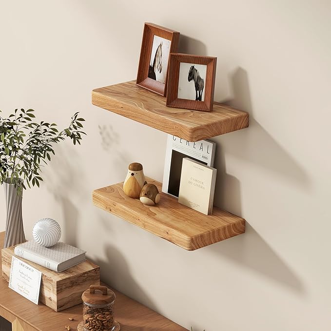 Fun Memories Floating Shelves for Wall, Rustic Wood Floating Shelf for Home Decor, Solid Elm Wood Wall Shelf Heavy-Duty Bracket, Wooden Bathroom Shelves 16 Inches Long Set of 2