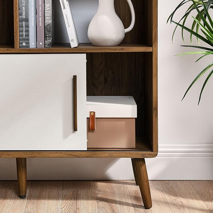 Modway Transmit 14 Shelf Bookcase with Sliding Doors in Walnut Linen - 59 Inch Wood Mid-Century Modern Bookshelf - 4 Tier Wide Open Display Storage Cabinet for Living Room, Office, Hallway