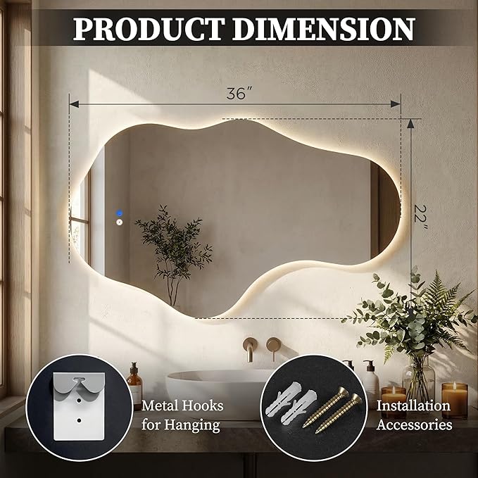 Irregular LED Bathroom Mirror with Lights, Backlit Vanity Mirror for Wall, Asymmetrical Wall Mirror, 3 Color Dimmable Anti-Fog Smart, Decorative Mirror for Bathroom, Entryway(22″ x 36″, 2 Pack)