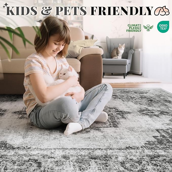 Area Rug 4x6 Vintage Rugs: Washable Indoor Medallion Rug Low Pile Distressed Floor Carpet Retro Accent Rugs for Living Room Bedroom Kitchen Dining Table Home Office(Black, 4'x6')