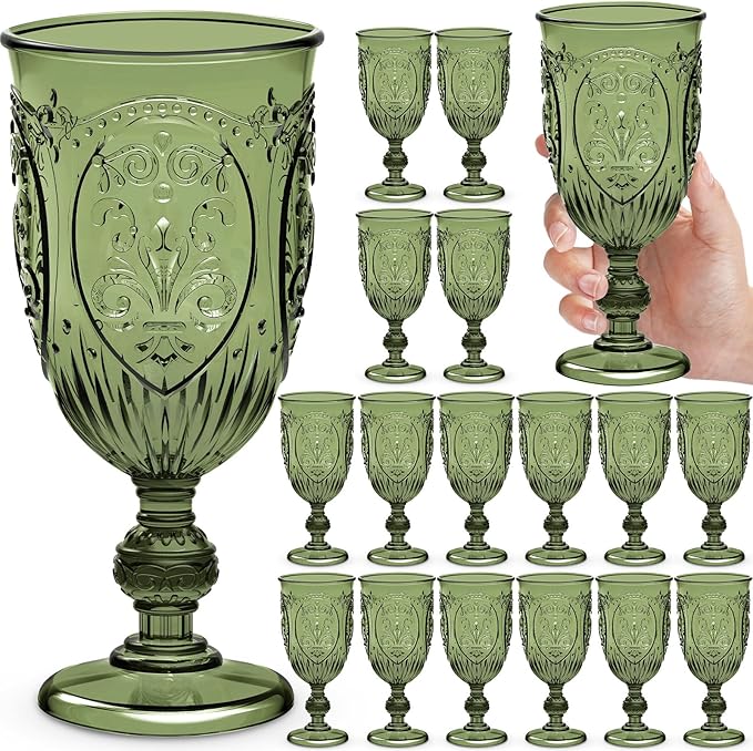 18 Pack Plastic Goblets 10oz Upgrade Vintage Water Goblet Plastic Wine Glasses Colored Retro Embossed Glassware for Party Wine Bar Juice Baby Shower Wedding Reception Grand (Olive Green)