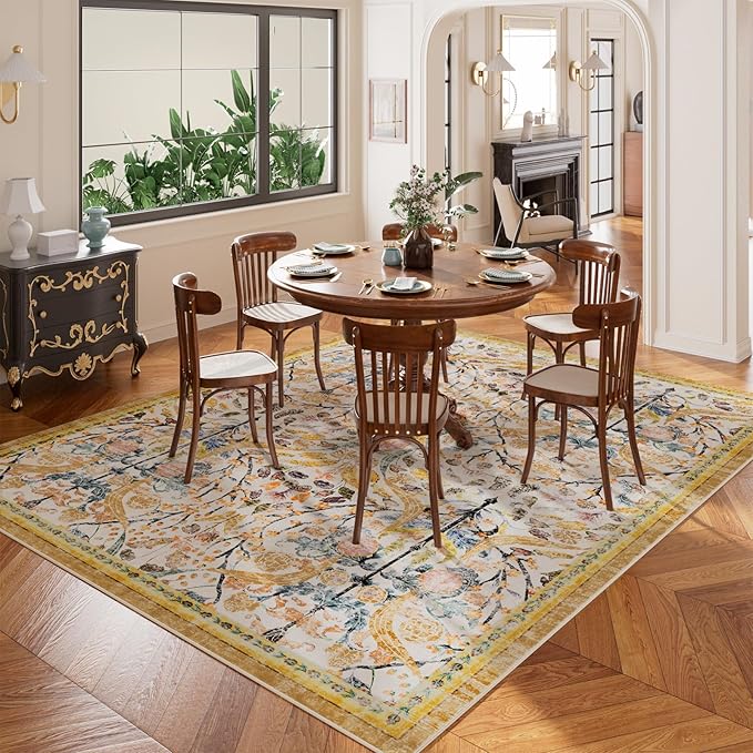 AMTOVO 8x10 Washable Area Rugs for Living Room, Non-Slip&Non-Shedding Large Soft Boho Floral Vintage Print Carpet for Bedroom Dining Room Farmhouse Nursery Kids Room Home Office, Golden Yellow