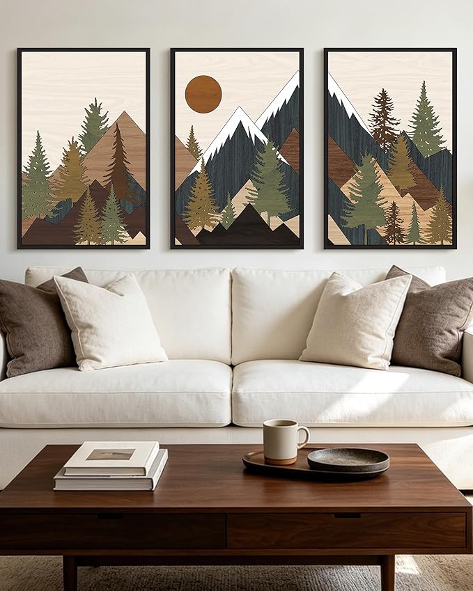 KUVIOKE Morden Mountains Framed Wall Art Boho Pine Tree Forest Nature Landscape Artwork Bohemain Farmhouse Rustic Bedroom Living Room Decor 24x36in (Black Framed)