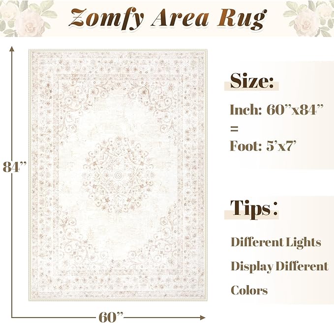 Area Rug 5x7 Vintage Rug: Washable Indoor Medallion Rugs Low Pile Distressed Floor Carpet Retro Accent Rug for Living Room Bedroom Kitchen Dining Table Home Office(Distressed Beige, 5'x7')