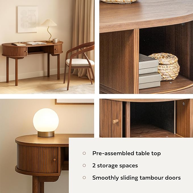 WERMO 51'' Small Wood Writing Desk and Makeup Vanity Desk with Storage and Sliding Doors - Narrow Computer and Work Table for Home Office, Modern Vanity, Brown Dressing Table for Bedroom (Walnut)
