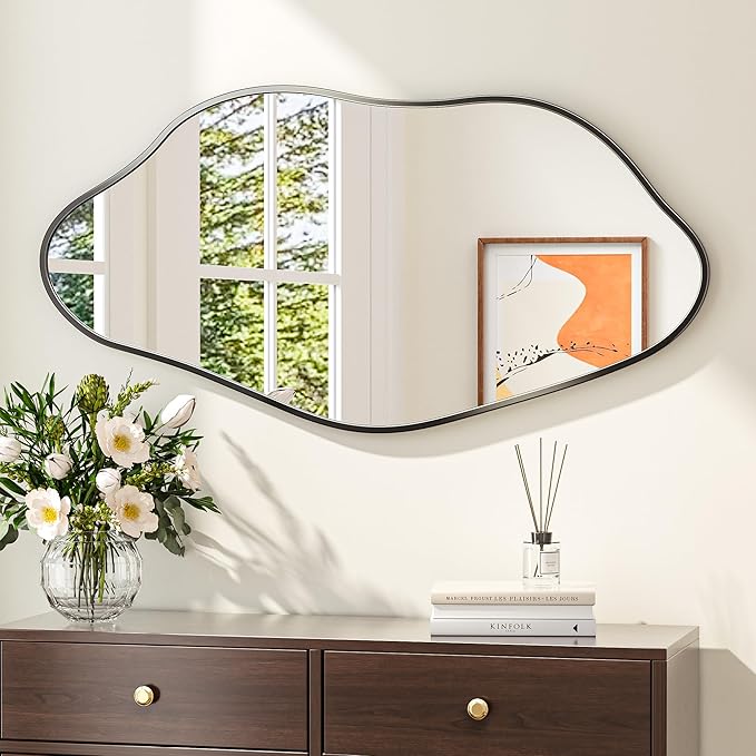 Keonjinn Black Irregular Mirrors for Wall 48" x 24" Inch, Asymmetrical Metal Frame, Tempered Glass Decorative Mirror for Bathroom, Bedroom, Living Room, Entryway(Horizontal/Vertical)