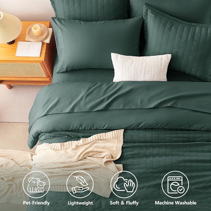 CozyLux Oversized Queen Comforter Set with Sheets, 7 Pieces 98"x98" Forest Green Seersucker Bed in a Bag, Luxury Bedding Sets with Down Alternative Comforter, Sheets, Pillowcases & Shams, Home Gift