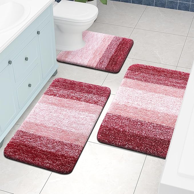 Arotive Microfiber Bathroom Rugs, Shaggy Soft and Absorbent Contour Toilet Rugs, Non-Slip, Thick Plush Machine Washable Dry Bath Mats for Toilet Base, 24x20, Burgundy, U-Shape