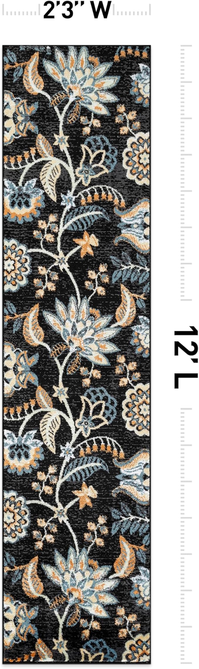 Rugshop Black Floral Runner Rug – Colorful Botanical Indoor Carpet for Living Room, Bedroom, or Dining Room – Soft Low-Pile, Non-Shedding Traditional Runner Rug 2' 3" x 12'