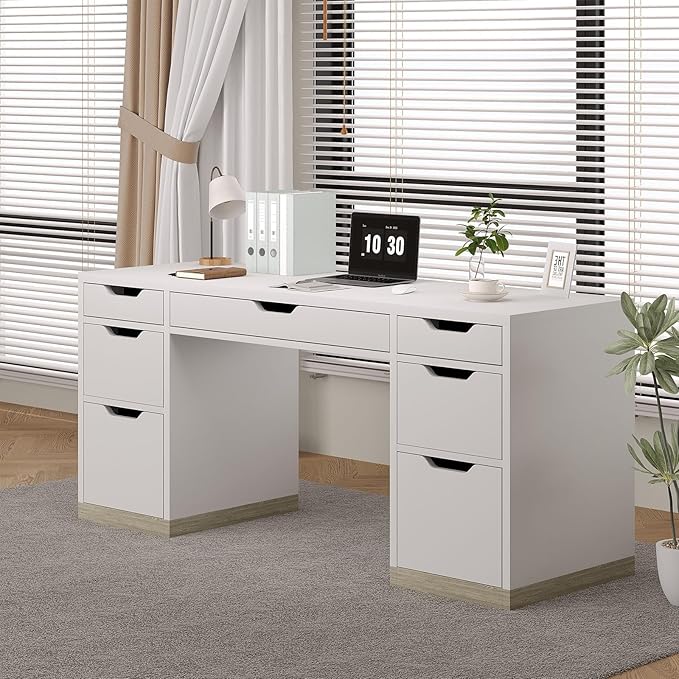 MaverickFurni White Desk with 7 Drawers, 54 Inch Executive Desk with Drawers for Bedroom, Home Office Desk with Drawers for Work Writing Study, Small Spaces