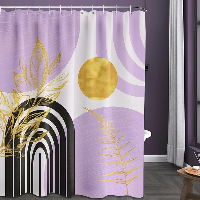 Mid Century Modern Black and Purple Shower Curtain Boho Lavender Light Purple and Gold Shower Curtains for Girls Bathroom Decor Sets, Waterproof Cloth Fabric with Hooks, 70x96in