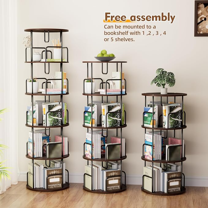 YZU Rotating Bookshelf 5 Tier 360 ° Display Spinning Bookshelf Tower, Revolving Bookcase Narrow Space Saving Swivel Book Shelf Corner Storage Organizer for Bedroom, Living Room Corner, Office (Brown)