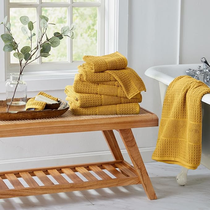 Market & Place 100% Cotton Super Soft Luxury Hand Towel Set | Quick-Dry and Highly Absorbent | Waffle Textured | 550 GSM | Includes 6 Hand Towels | Harper Collection (Mustard Yellow)