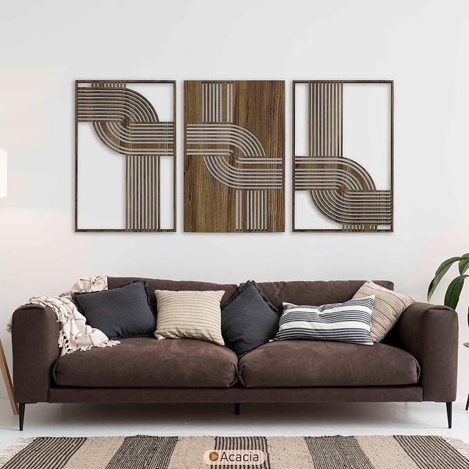 Abstract Wood Wall Art Set of 3, Geometric Curved Line Decorative Panels, Mid Century Modern Wooden Decor, Scandinavian New House Gift for Living Room and Bedroom