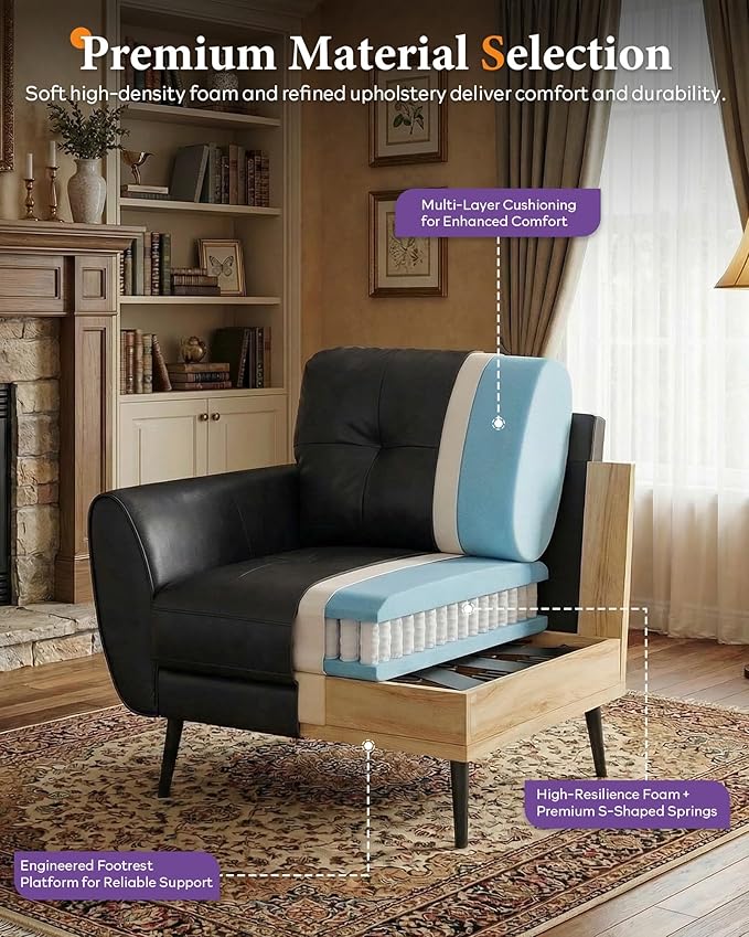 TYBOATLE Accent Chairs Set of 2, Comfy Modern Living Room Chair Black Leather Reading Accent Chairs Tufted Mid Century Arm Chair Small Salon Chair for Office Bedroom (2, Black)