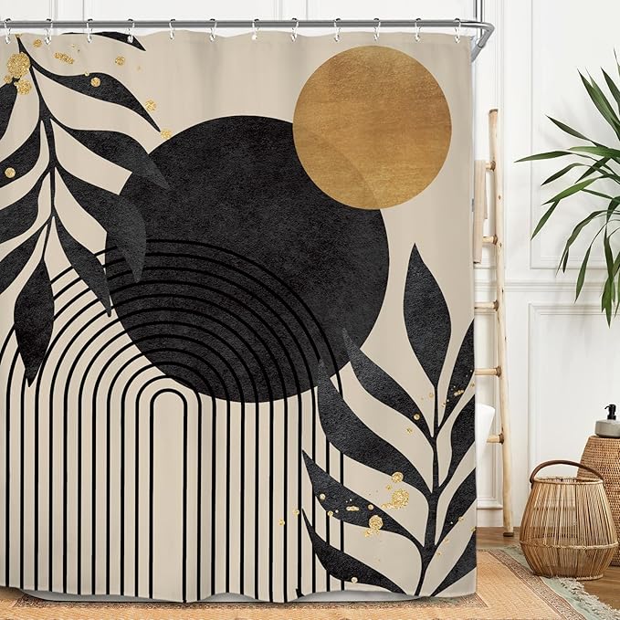 Miyotaa Abstract Minimalist Shower Curtain Set 60Wx71H Inches Modern Aesthetic Mid Century Contemporary Plant Leaves Geometric Neutral Waterproof Bathroom Curtain with 12 Hooks