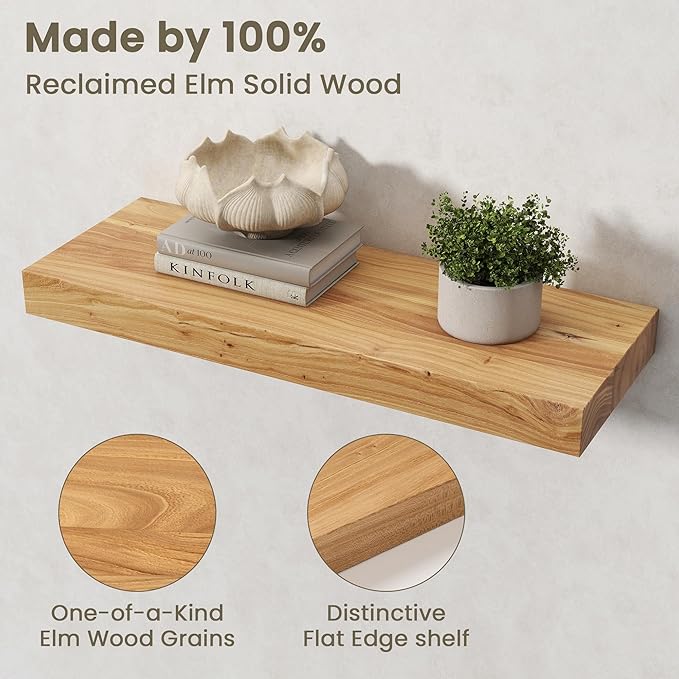 Fun Memories Solid Elm Wood Floating Shelves Set of 2-24 Inch Rustic Wall Shelves with Heavy-Duty Invisible Brackets - for Living Room, Kitchen, Bedroom, Bathroom - Natural Finish