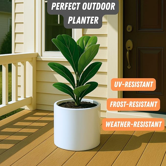 Fox & Fern Large Indoor Planter, Modern Large Plant Pot for Indoor or Outdoor, UV and Frost Resistant - 8 Inch, Fiberstone, Glossy White Flower Pot with Drainage Plug, Lightweight