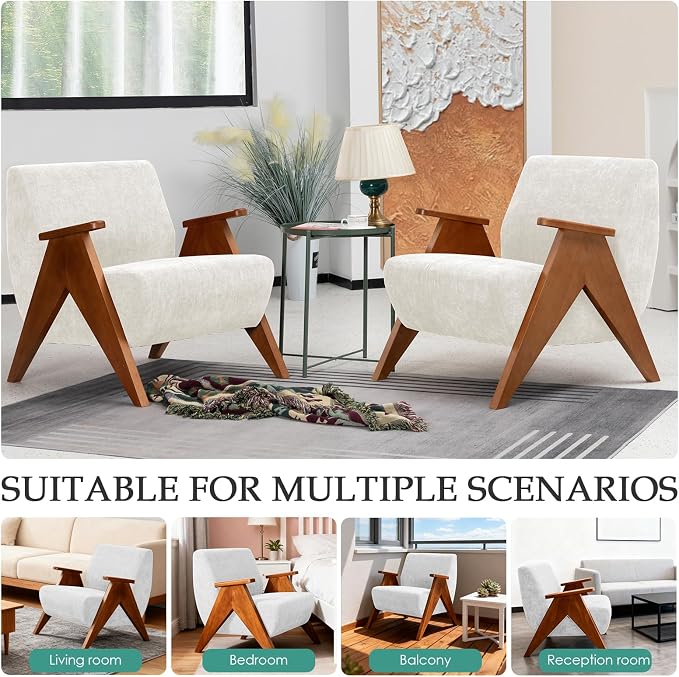 2 Pcs Home Accent Chair Mid Century Modern Accent Chair with Wood Frame, Lounge Upholstered Armchair, Reading Chair, Sturdy Base,For Living Room, Bedroom,Office,Comfy Guest Waiting Room Chairs,Beige